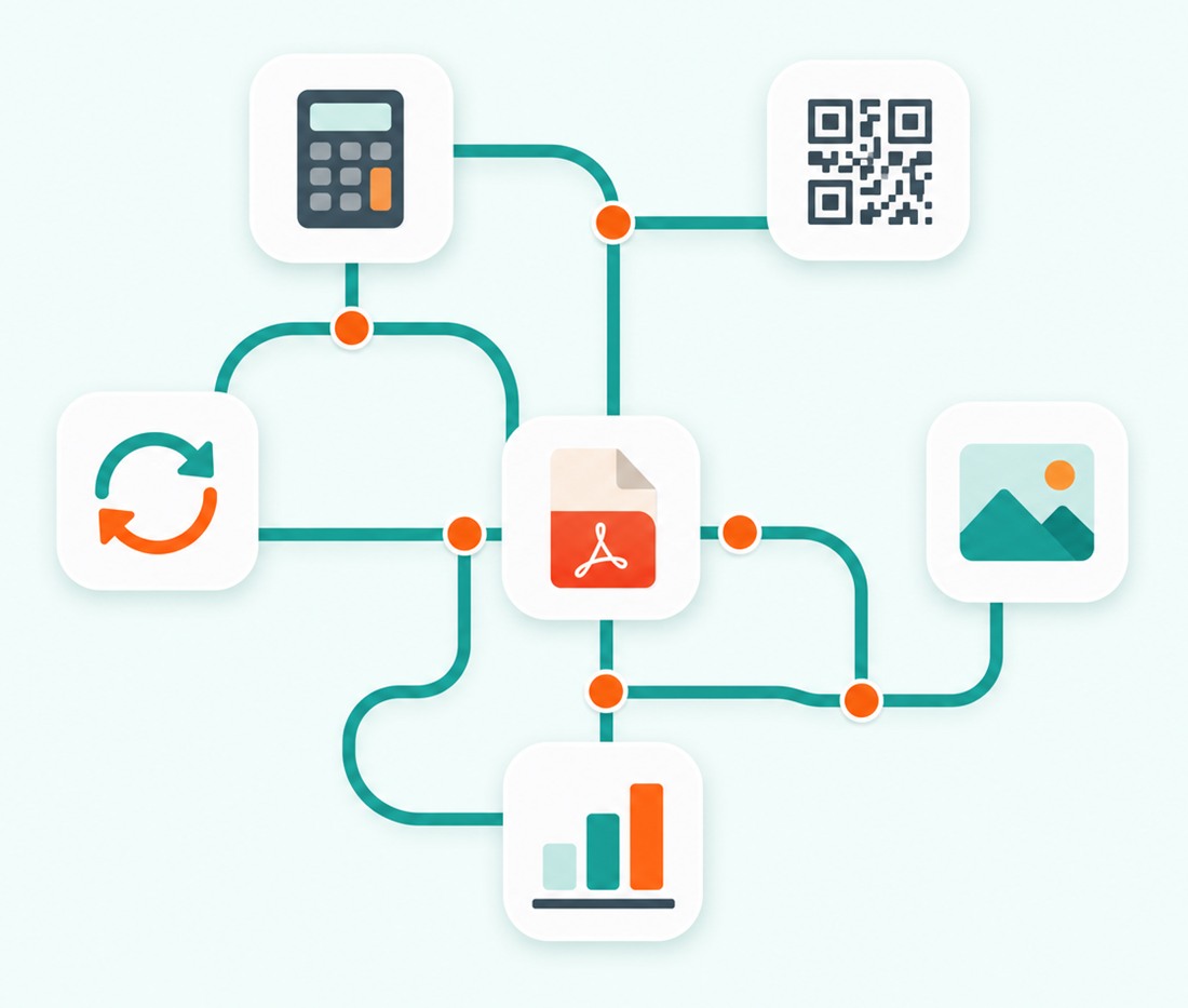 Icônes colorées d'outils en ligne : calculatrice, code QR, convertisseurs d'images et de documents